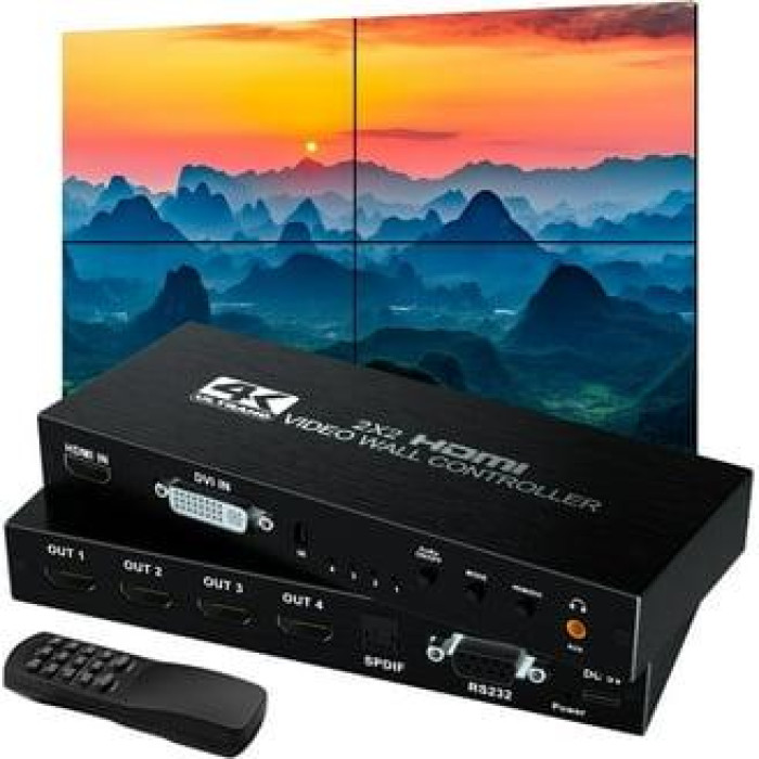 2x2 Video Wall Controller - 4K HDMI, DVI Input, Plug & Play